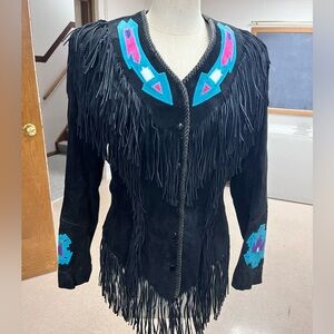 Black Fringe Jacket with Turquoise Accents, Suede leather